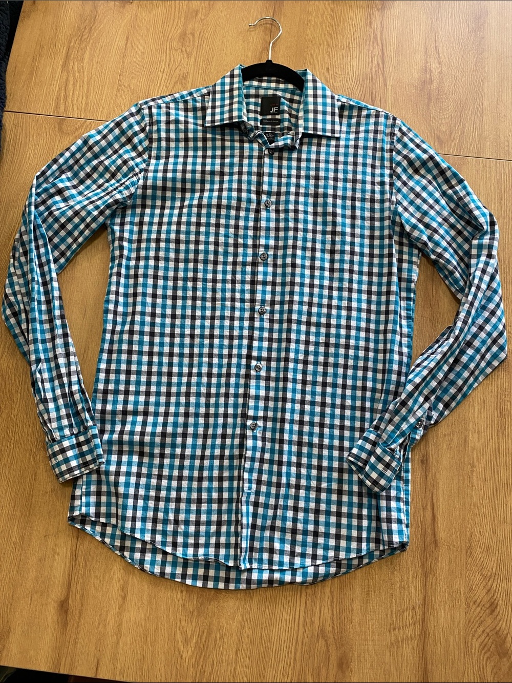 jf j.ferrar Teal, Black & White Checked Button-Down Shirt
